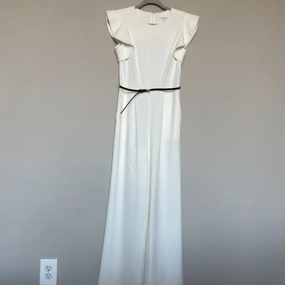 Calvin Klein Cream Jumpsuit with Black Belt - Picture 2 of 4